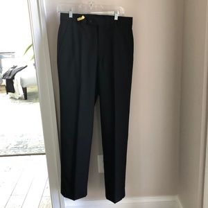 Lightly striped black suit pants.